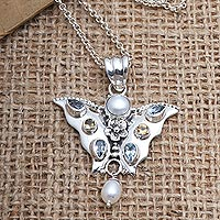 Multi-gemstone pendant necklace, 'Butterfly Park' - Cultured Pearl and Citrine Butterfly Pendant Necklace