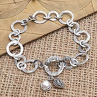 Cultured pearl link bracelet, 'Ring a Bell' - Cultured Freshwater Pearl and Sterling Silver Link Bracelet