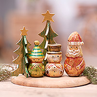 Wood decorative accents, 'Santa and Friends' (set of 5) - Distressed-Finish Decorative Christmas Accents (Set of 5)