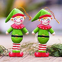 Wood holiday ornaments, 'Happy Elves' (pair) - Handmade Albesia Wood Elf Holiday Ornaments (Pair)