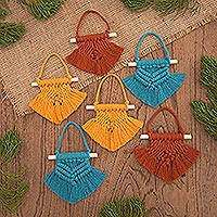 Macrame holiday ornaments, 'Boho Christmas' (set of 6) - Hand Woven Colorful Cotton Holiday Ornaments (Set of 6)