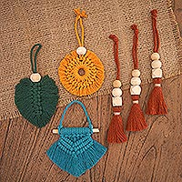 Hand-woven cotton holiday ornaments, 'Colorful Mistletoe' (set of 6) - Colorful Cotton and Bamboo Holiday Ornaments (Set of 6)