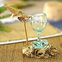 Wood and glass sculpture, 'Hummingbird Wine' - Handblown Glass and Jempinis Wood Hummingbird Sculpture
