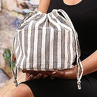 Hand-woven cotton drawstring bag, 'Striped Mariner' - Javanese Hand-Woven Cotton Drawstring Sling Bag