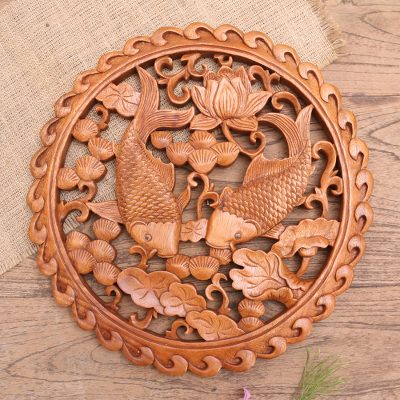 Wood relief panel, 'Dancing Fish' - Hand Crafted Suar Wood Fish-Motif Relief Panel