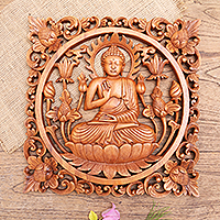 Wood relief panel, 'Dealing in Anxiety' - Hand Made Suar Wood Buddha-Motif Relief Panel