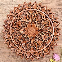 Wood relief panel, 'Miracle Garden' - Artisan Made Suar Wood Floral-Motif Relief Panel