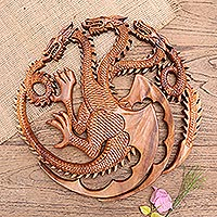 Wood relief panel, 'King Ghidorah' - Handmade Suar Wood Dragon-Motif Relief Panel