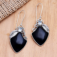 Onyx and blue topaz dangle earrings, 'Midnight Ice' - Balinese Onyx and Blue Topaz Dangle Earrings