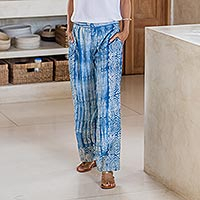 Cotton batik pants, 'Lake Spiral' - Hand-Stamped Cotton Batik Pants from Bali