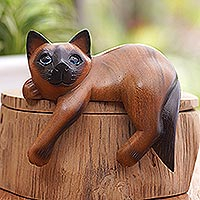 Wood statuette, 'Sweet Dreams' - Hand Carved Wood Chocolate Siamese Cat Statuette