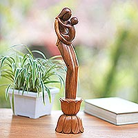 Wood sculpture, 'Infinite Mother's Love' - Suar Wood Mother and Child Sculpture