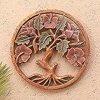 Wood relief panel, 'Hibiscus Garden' - Hand Carved Suar Wood Tree-Motif Relief Panel