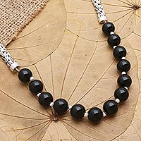 Onyx pendant necklace, 'Dark Journey' - Sterling Silver and Onyx Beaded Pendant Necklace