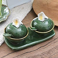 Ceramic condiment set, 'Summer Frangipani' (5 pcs) - Frangipani-Themed Ceramic Condiment Set from Bali (5 Pcs)
