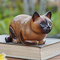 Wood statuette, 'Fat Cat in Brown' - Handcrafted Balinese Suar Wood Statuette