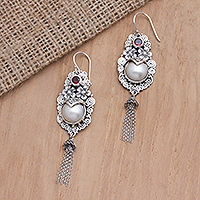 Garnet and cultured pearl dangle earrings, 'Winter Apple in Red' - Garnet and Cultured Pearl Dangle Earrings