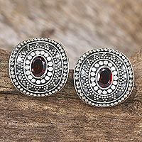 Garnet button earrings, 'Dwarf Sunflower in Red' - Garnet and Sterling Silver Button Earrings