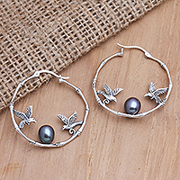 Cultured pearl hoop earrings, 'From Above in Blue' - Cultured Pearl Dove-Themed Hoop Earrings