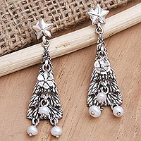 Cultured pearl dangle earrings, 'Snowy Christmas Tree' - Cultured Pearl Christmas Tree Dangle Earrings