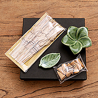 Ceramic incense set, 'Scented Frangipani' - Ceramic Incense Set with Leaf Motif