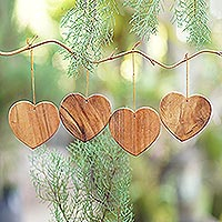 Wood ornaments, 'Simple Hearts' (set of 4) - Handmade Wood Heart-Shaped Ornaments (Set of 4)