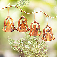 Wood ornaments, 'Snowman Bells' (set of 4) - Handmade Bell Shaped Ornaments (Set of 4)