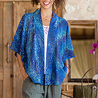 Batik rayon kimono jacket, 'Floral Aurora' - Hand-Stamped Rayon Kimono Jacket