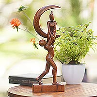 Wood sculpture, 'Fly Me to the Moon' - Hand Made Suar Wood Figure Sculpture