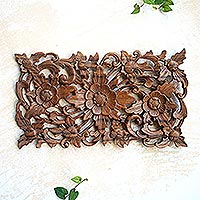 Wood relief panel, 'Botanical Serenade' - Suar Wood Relief Panel with Botanical Motif