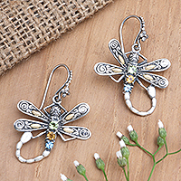 Multi-gemstone dangle earrings, 'Rainbow Flyer' - Gold-Accented Dragonfly Dangle Earrings