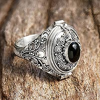 Onyx locket ring, 'Careful Heart' - Sterling Silver and Onyx Locket Ring