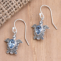 Blue topaz dangle earrings, 'Across the Sea' - Sterling Silver Turtle Shaped Earrings with Blue Topaz