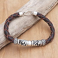 Leather and sterling silver pendant bracelet, 'Uluwatu Ocean' - Artisan Crafted Leather and Sterling Silver Bracelet
