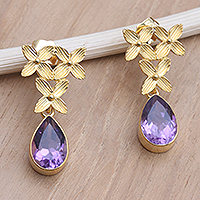 Gold-plated amethyst dangle earrings, 'Purple Floret' - Gold-Plated Amethyst Earrings with Floral Motif