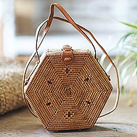 Batik bamboo sling bag, 'Woven Web' - Woven Bamboo Sling Bag with Batik Lining