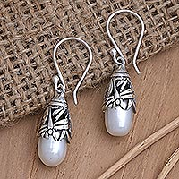 Cultured pearl dangle earrings, 'Dragonfly Treasure' - Sterling Silver and Cultured Pearl Dangle Earrings