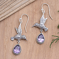 Amethyst dangle earrings, 'Hummingbird Gift in Purple' - Amethyst Hummingbird Dangle Earrings