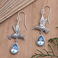 Blue topaz dangle earrings, 'Hummingbird Gift in Blue' - Blue Topaz Hummingbird Dangle Earrings