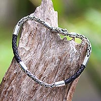 Men's leather accented sterling silver chain bracelet, 'Act of Faith' - Men's Leather Accented Sterling Silver Bracelet