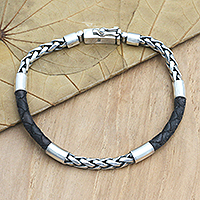 Men's leather accented sterling silver chain bracelet, 'Charming Man in Black' - Men's Black Leather and Sterling Silver Bracelet