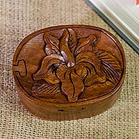 Wood puzzle box, 'Autumn Hibiscus' - Hand Carved Hibiscus Flower Puzzle Box