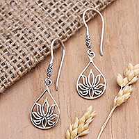 Sterling silver dangle earrings, 'Clasped Lotus' - Sterling Silver Dangle Earrings with Lotus Motif