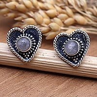 Rainbow moonstone stud earrings, 'Loving Rainbow' - Rainbow Moonstone Stud Earrings with Heart Motif