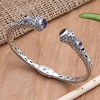 Amethyst cuff bracelet, 'United Front' - Balinese Amethyst and Sterling Silver Cuff Bracelet