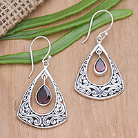 Garnet dangle earrings, 'Blessed Soul' - Balinese Garnet and Sterling Silver Dangle Earrings