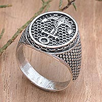 Men's sterling silver signet ring, 'Pirate's Perch' - Men's Sterling Silver Signet Ring with Nautical Motif