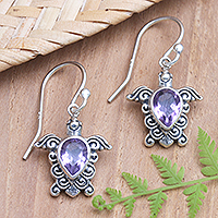 Amethyst dangle earrings, 'Shell Game in Purple' - Handmade Amethyst Dangle Earrings with Turtle Motif