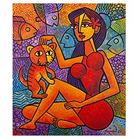 'Anandini and Her Cat' - Acrylic Cat Painting on Cotton Canvas