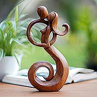 Wood statuette, 'Steal a Kiss' - Romantic Suar Wood Statuette from Bali